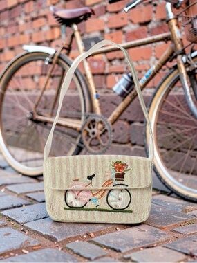 Cream Crossbody Bag with Embroidered Bicycle Motif